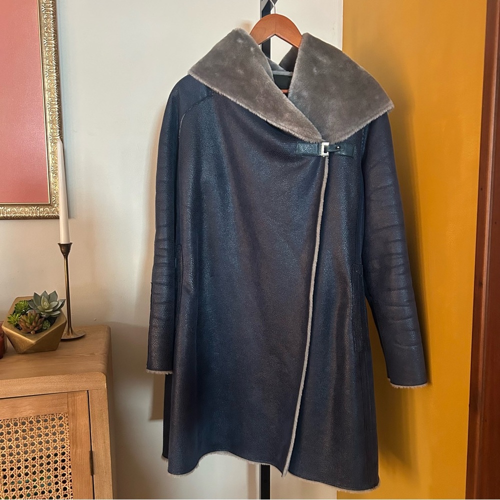 Adolfo Dominguez Faux Suede Fur Coat Off Center Fastening Buckle Hood‎ 36 Size S